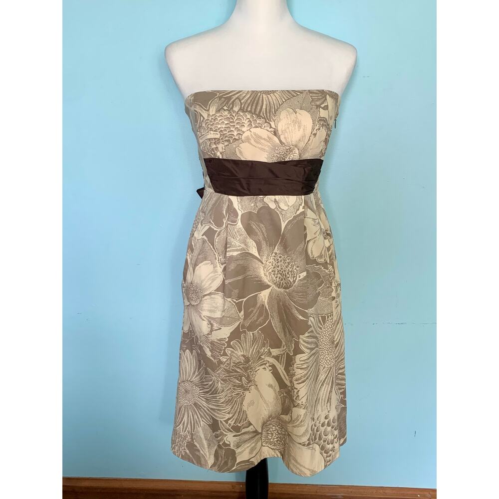 Anthropologie Maeve Brown Tan Biennial Floral Strapless Dress Size 2